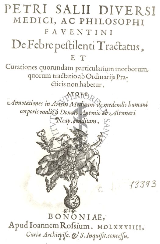 Frontespizio del libro antico De febre pestilenti tractatus, ..., di Pietro Salio Diversi (sec. 16.), pubblicato nel 1584