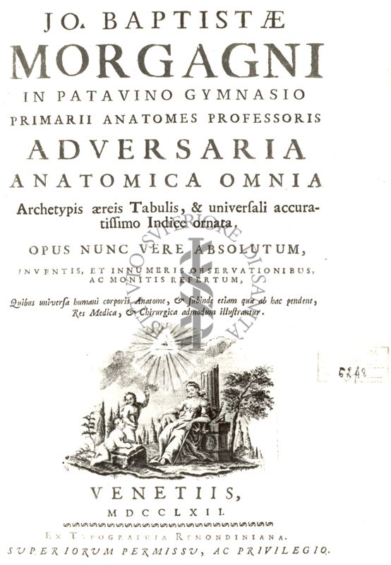 Frontespizio dell'opera Adversaria anatomica omnia..., dell'autore Giovanni Battista Morgagni (1682-1771), pubblicata nel 1762