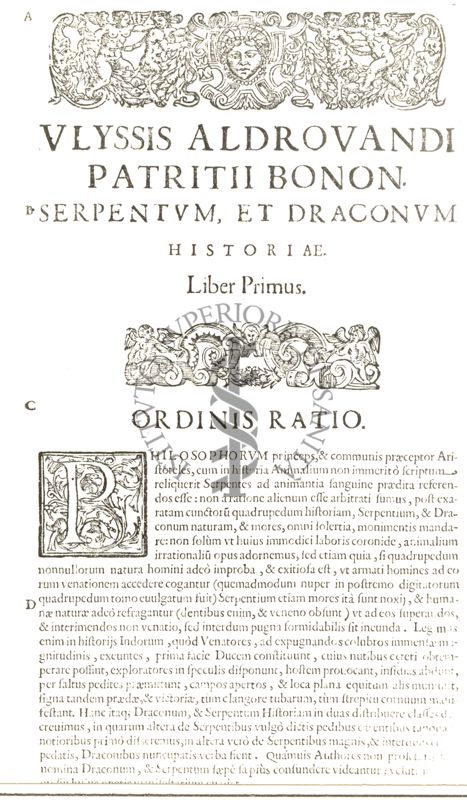 Pagina dell'opera Serpentum, et draconum historiae...,  di Ulisse Aldrovandi (1522-1605), pubblicato nel 1640