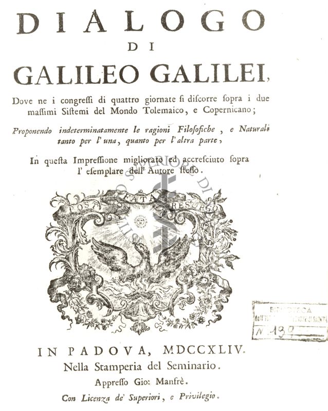 Frontespizio di libro antico Dialogo di Galileo Galilei, pubblicato nel 1744