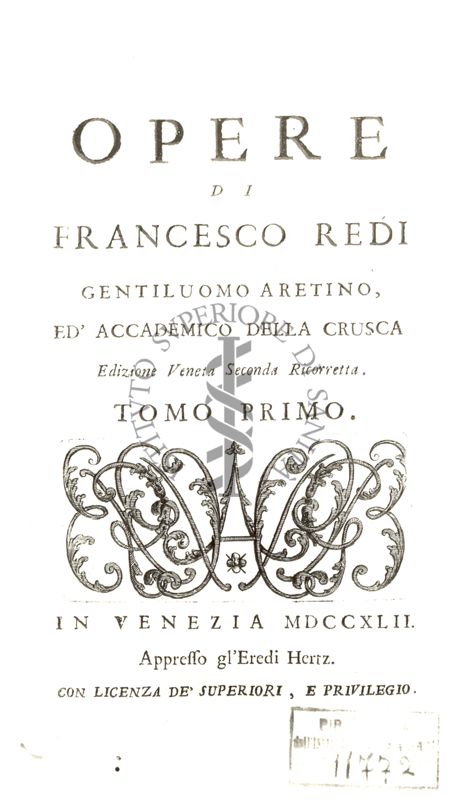 Frontespizio del libro antico Opere di Francesco Redi gentiluomo aretino, ed' accademico della Crusca edizione veneta seconda ricorretta, pubblicata nel 1742