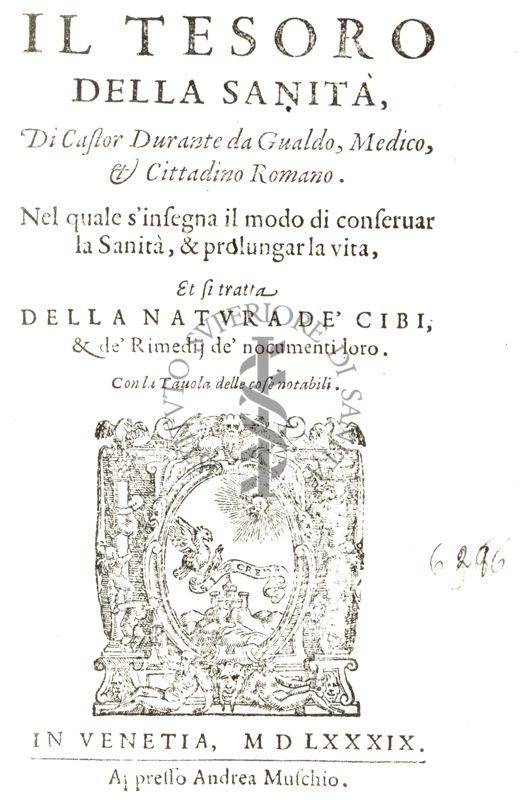 Frontespizio del libro antico Il tesoro della sanità, dell'autore Castore Durante (1529-1590), pubblicato nel 1589