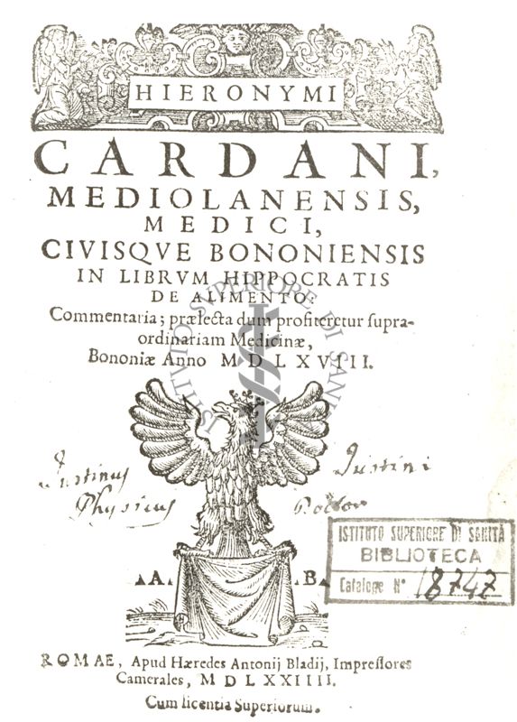 Frontespizio dell'opera In librum Hippocratis De alimento: ..., dell'autore  Girolamo Cardano (1501-1576), pubblicato nel 1574