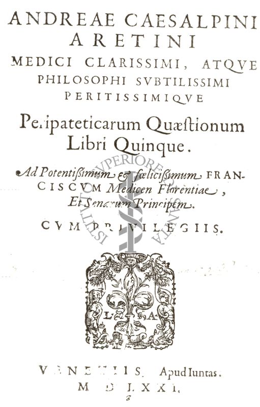 Frontespizio di un libro antico il cui titolo è: "Andreae Caesalpini Aretini"