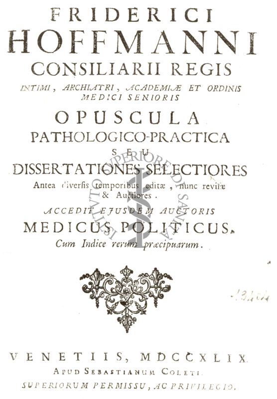 Frontespizio di un libro antico il cui titolo è: "Friderici Hoffmanni"