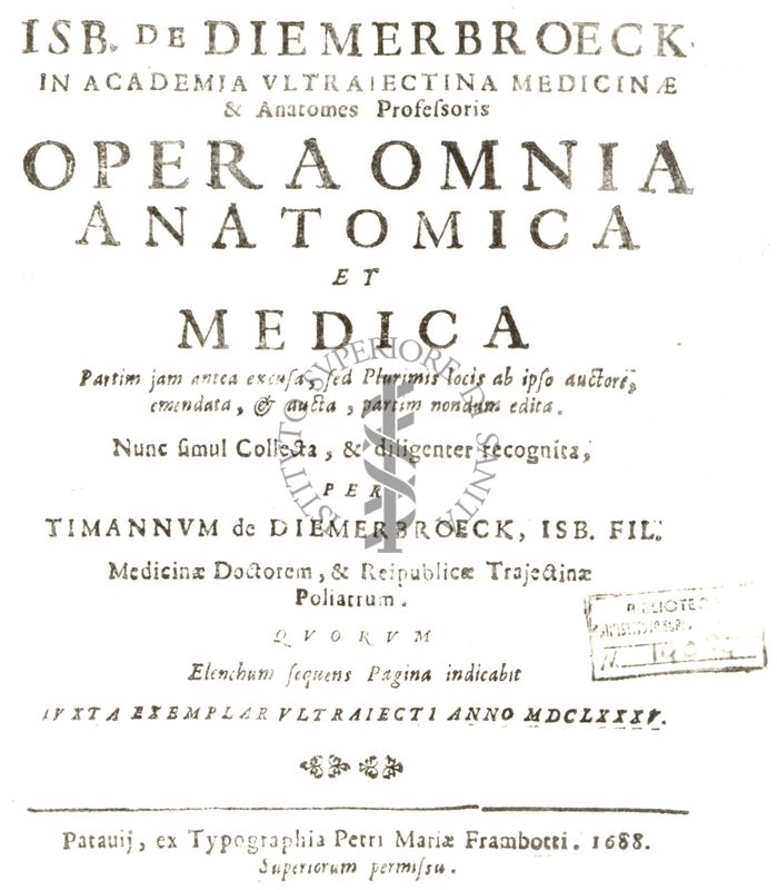 Frontespizio di un libro antico il cui titolo è: "Opera omnia anatomica e medica"