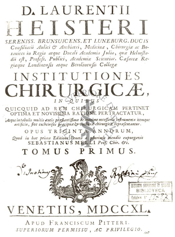 Frontespizio di un libro antico il cui titolo è: "D. Laurentii Heisteri Institutiones Chirurgicae"