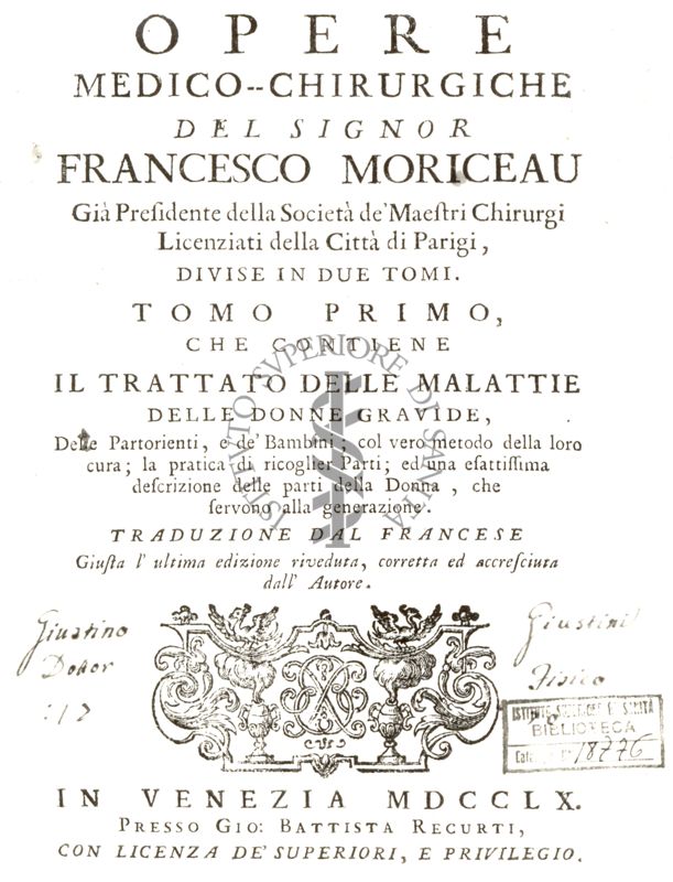 Frontespizio di un libro antico il cui titolo è: "Opere medico-chirurgiche del signor Francesco Moriceau"