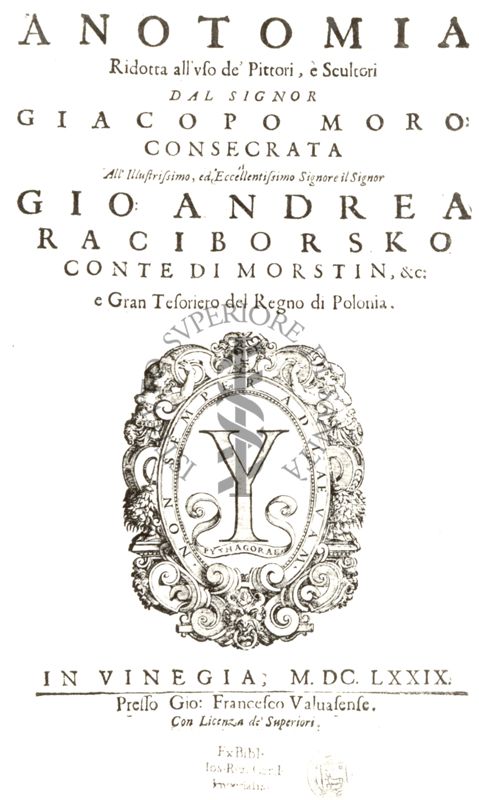 Frontespizio di un libro antico il cui titolo è: "Anatomia  Giacopomoro Gioandrea"