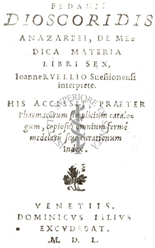 Frontespizio di un libro antico il cui titolo è: "Discoridis"