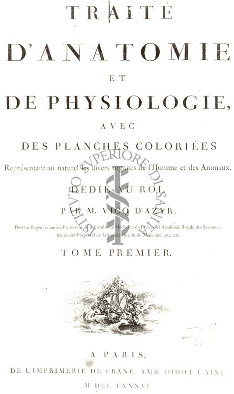 Frontespizio di un libro antico il cui titolo è: "D'Anatomie et de Physiologie"