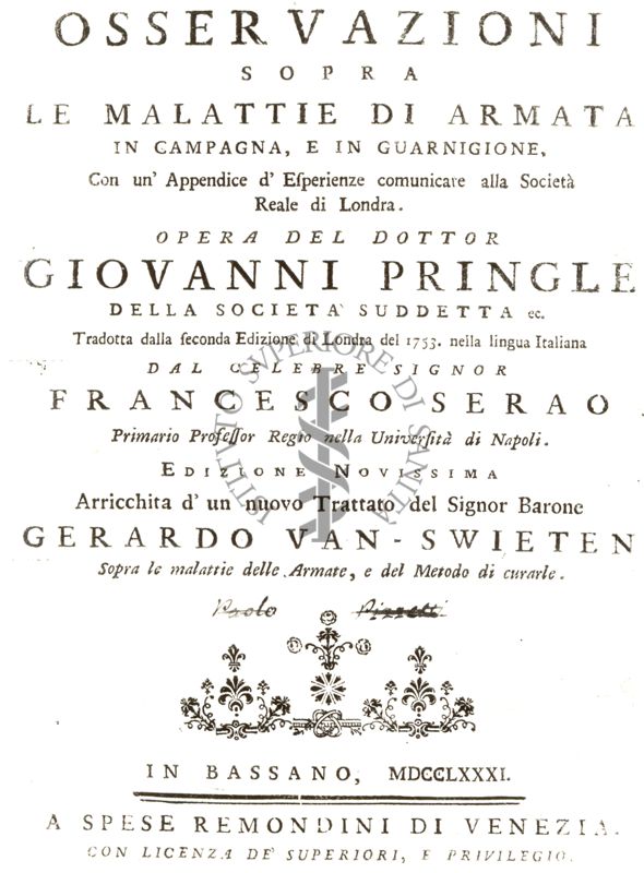 Frontespizio di un libro antico il cui titolo è: "Osservazioni sopra le malattie di armata in campagna e in guarnigione.