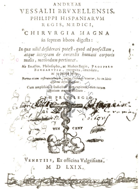 Frontespizio di un libro antico il cui titolo è: "Vessalii Bruxellensis Philippi Hispaniarum regis medici"