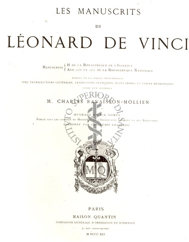 Frontespizio di un libro antico il cui titolo è: "Les manuscrits de Leonard de Vinci"