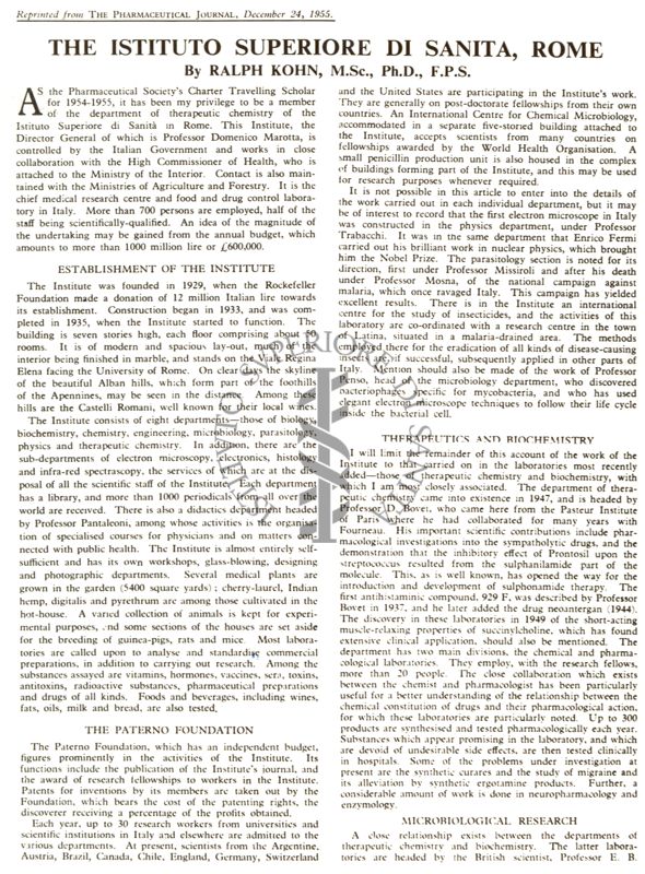 Riproduzione di un articolo, in lingua inglese, del 24/12/1955, tratto da: "The Pharmaceutical Journal" riguardante l'Istituto Superiore di Sanità