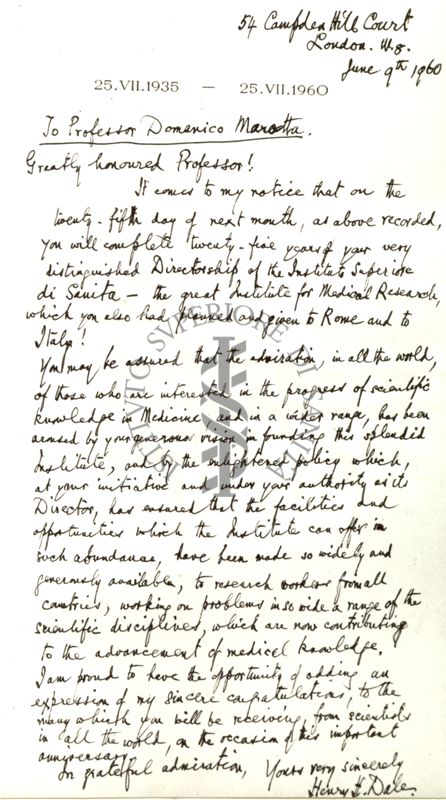 Riproduzione di una lettera originale, in lingua inglese, diretta al Prof. Domenico Marotta da parte di Sir Henry Hallet Dale (neurologo britannico, premio Nobel per la medicina nel 1936 per i suoi studi sulle trasmissioni degli impulsi nervosi attraverso i neurotrasmettitori)