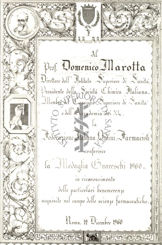 Diplomi,Attestati ecc. Offerti al Prof. Marotta in occasione del 25° anno della Fondazione dell'Istituto Superiore di Sanità - attestato di consegna della "Medaglia Guareschi