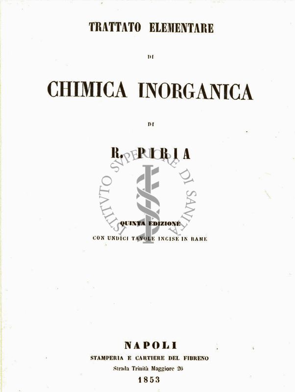 Frontespizio del Trattato Elementare di Chimica Inorganica di Raffaele Piria; quinta edizione, Napoli 1853