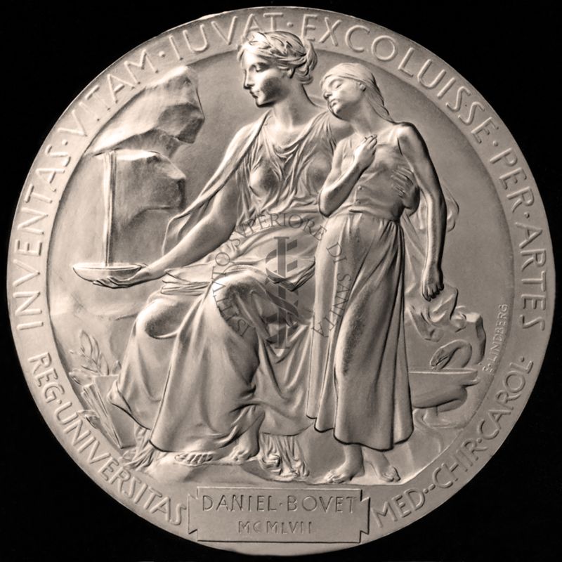 Lato B della medaglia d'oro del Premio Nobel per la medicina conferito a Daniel Bovet, 1957