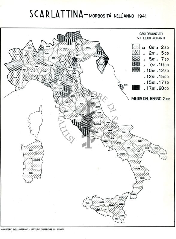 Cartogramma riguardante la morbosità per scarlattina nell'anno 1941