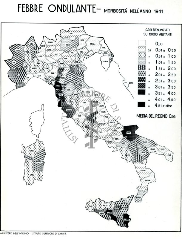 Cartogramma riguardante la morbosità per febbre ondulante nell'anno 1941