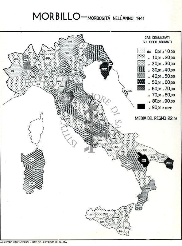 Cartogramma riguardante la morbosità per morbillo nell'anno 1941