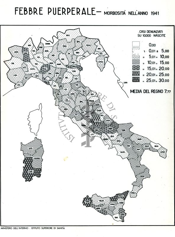 Cartogramma riguardante la morbosità per febbre puerperale nell'anno 1941