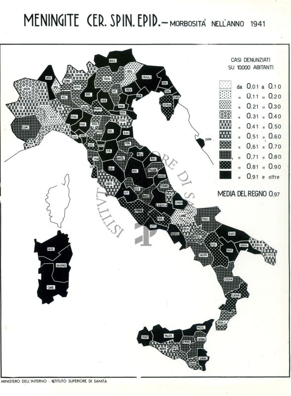 Cartogramma riguardante la morbosità per meningite Cerebro Spinale Epidemiologica nell'anno 1941