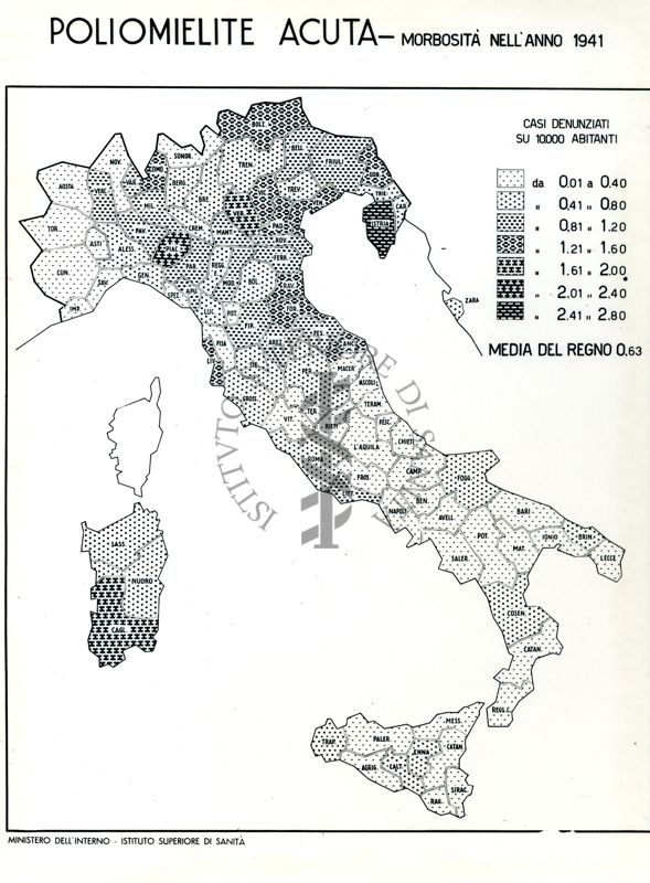 Cartogramma riguardante la morbosità per poliomielite acuta nell'anno 1941