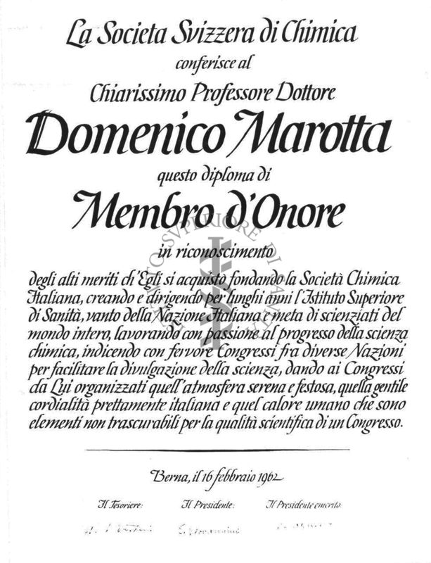 Diploma di Membro d'Onore al Prof. Domenico Marotta da parte della Società Svizzera di Chimica, Berna 16/02/1962