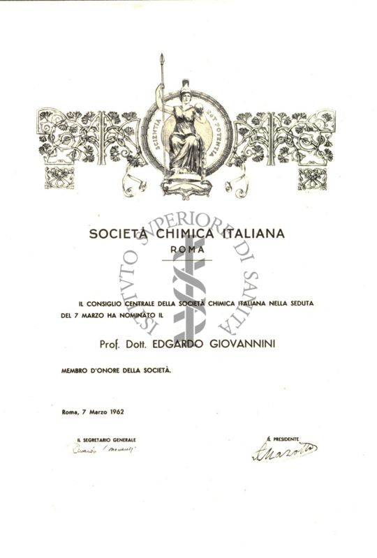 Diploma di Membro d'Onore al Prof. Edgardo Giovannini da parte della Società Chimica Italiana, Roma 07/03/1962