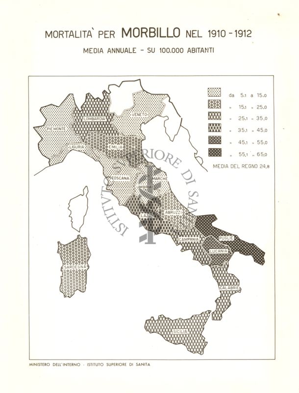 Cartogramma riguardante la mortalità per morbillo nel periodo: 1910-1912