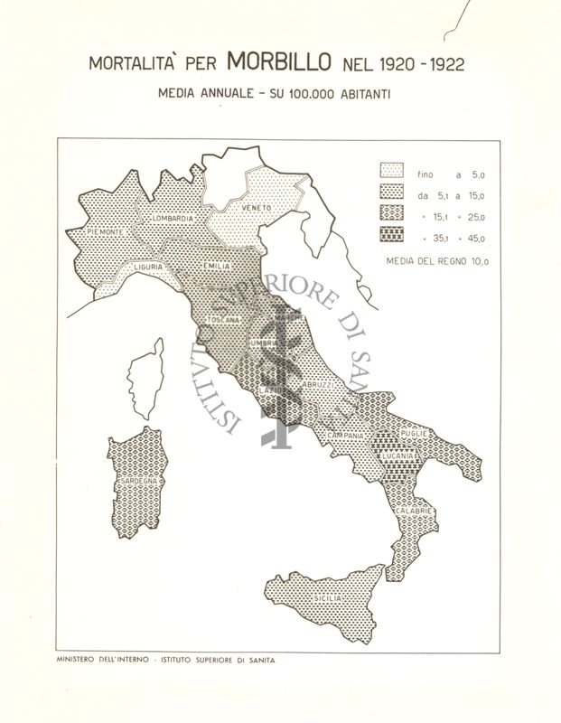 Cartogramma riguardante la mortalità per morbillo nel periodo: 1920-1922