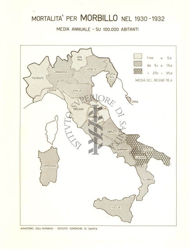 Cartogramma riguardante la mortalità per morbillo nel periodo: 1930-1932