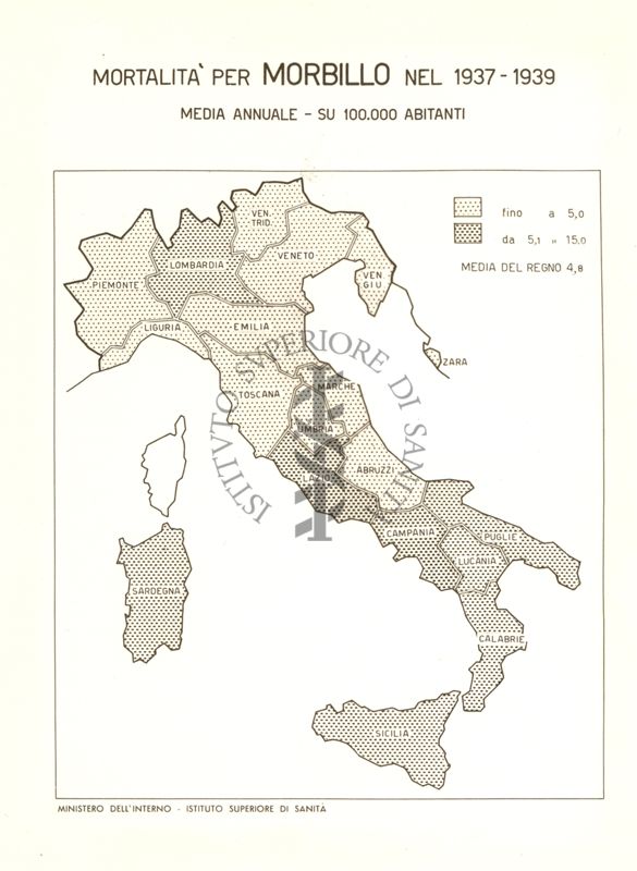 Cartogramma riguardante la mortalità per morbillo nel periodo: 1937-1939