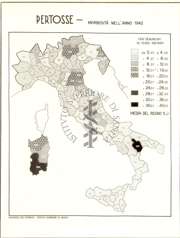 Cartogramma riguardante la morbosità per pertosse nell'anno 1945