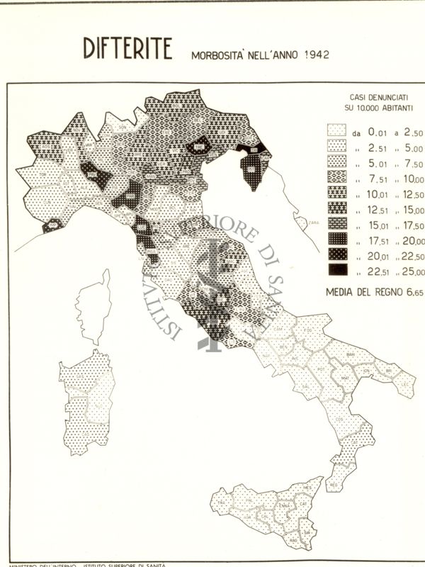 Cartogramma riguardante la morbosità per difterite nell'anno 1942