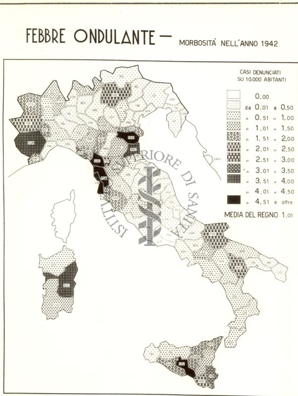 Cartogramma riguardante la morbosità per febbre ondulante nell'anno 1942