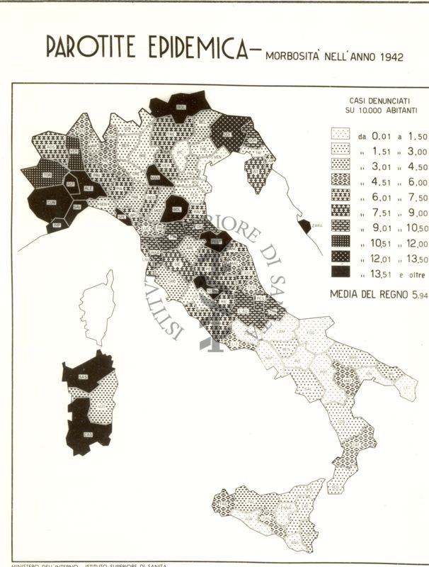 Cartogramma riguardante la morbosità per parotite Epidemica nell'anno 1942