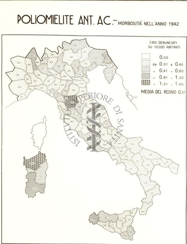 Cartogramma riguardante la morbosità per poliomielite Ant. Ac. nell'anno 1942