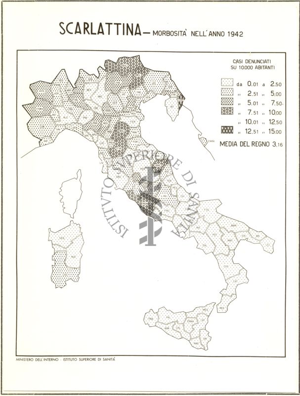 Cartogramma riguardante la morbosità per scarlattina nell'anno 1942