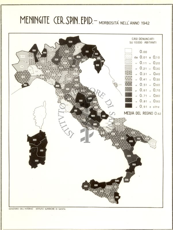 Cartogramma riguardante la morbosità per meningite cerebro spinale epidemiologica nell'anno 1942