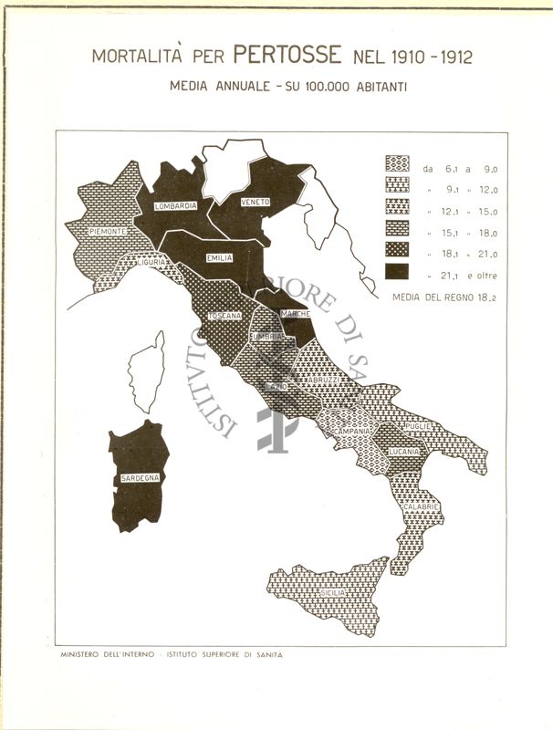 Cartogramma riguardante la mortalità per pertosse nel periodo 1910-1912