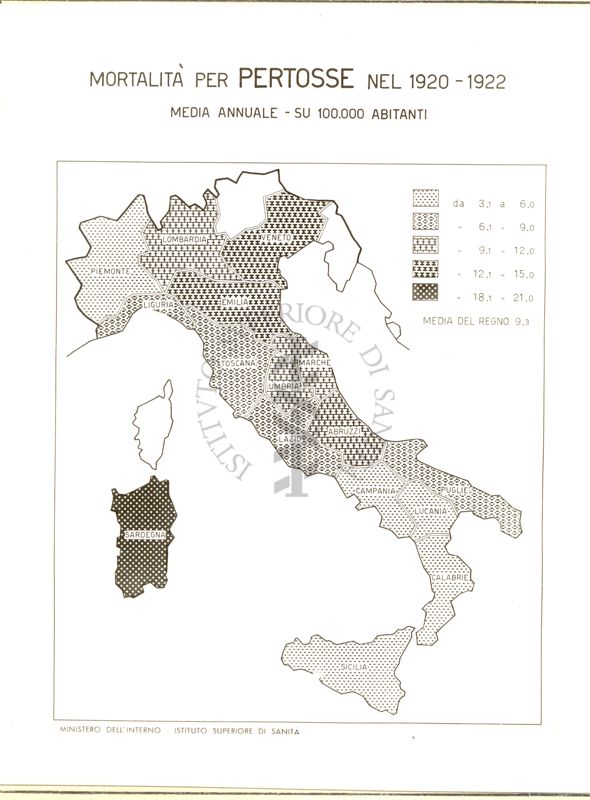 Cartogramma riguardante la mortalità per pertosse nel periodo 1920-1922