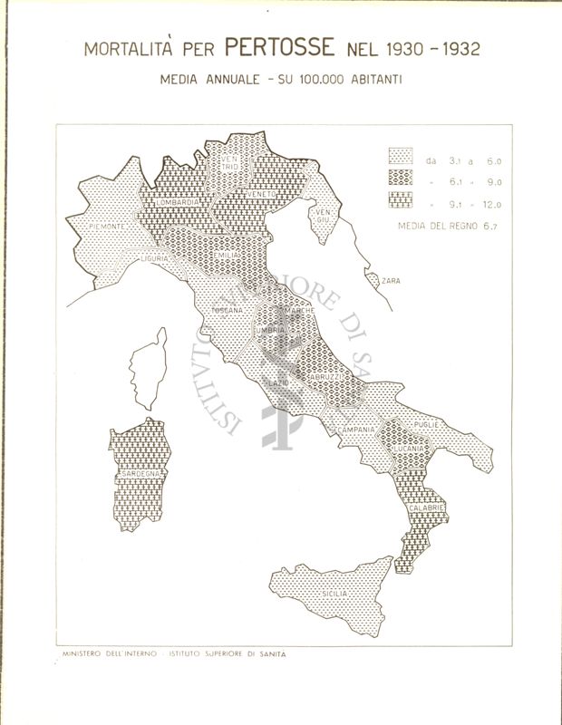 Cartogramma riguardante la mortalità per pertosse nel periodo 1930-1932