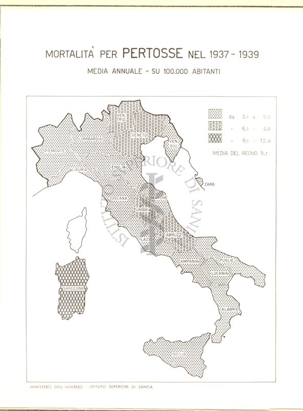 Cartogramma riguardante la mortalità per pertosse nel periodo 1937-1939