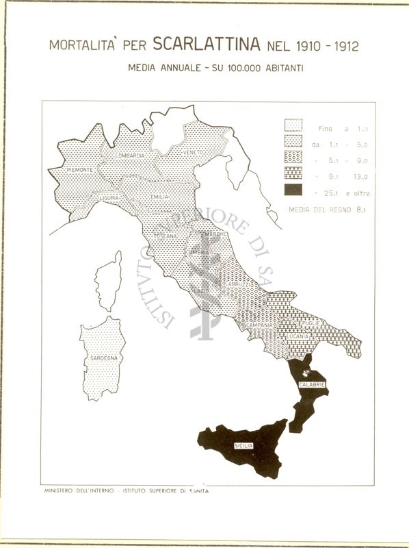 Cartogramma riguardante la mortalità per scarlattina nel periodo 1910-1912