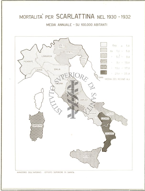 Cartogramma riguardante la mortalità per scarlattina nel periodo 1930-1932