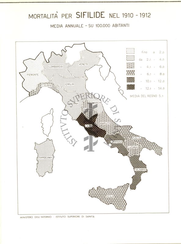 Cartogramma riguardante la mortalità per sifilide nel periodo 1910-1912