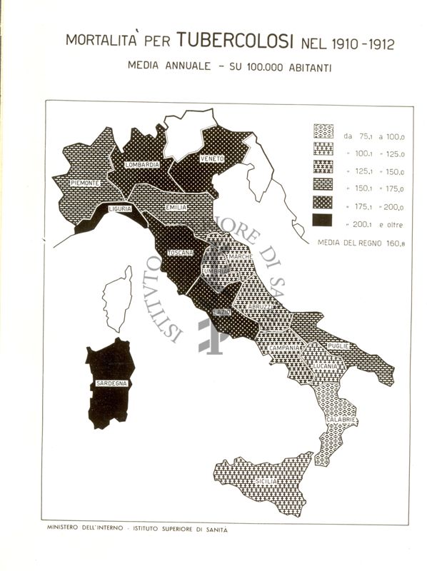 Cartogramma riguardante la mortalità per tubercolosi nel periodo 1910-1912